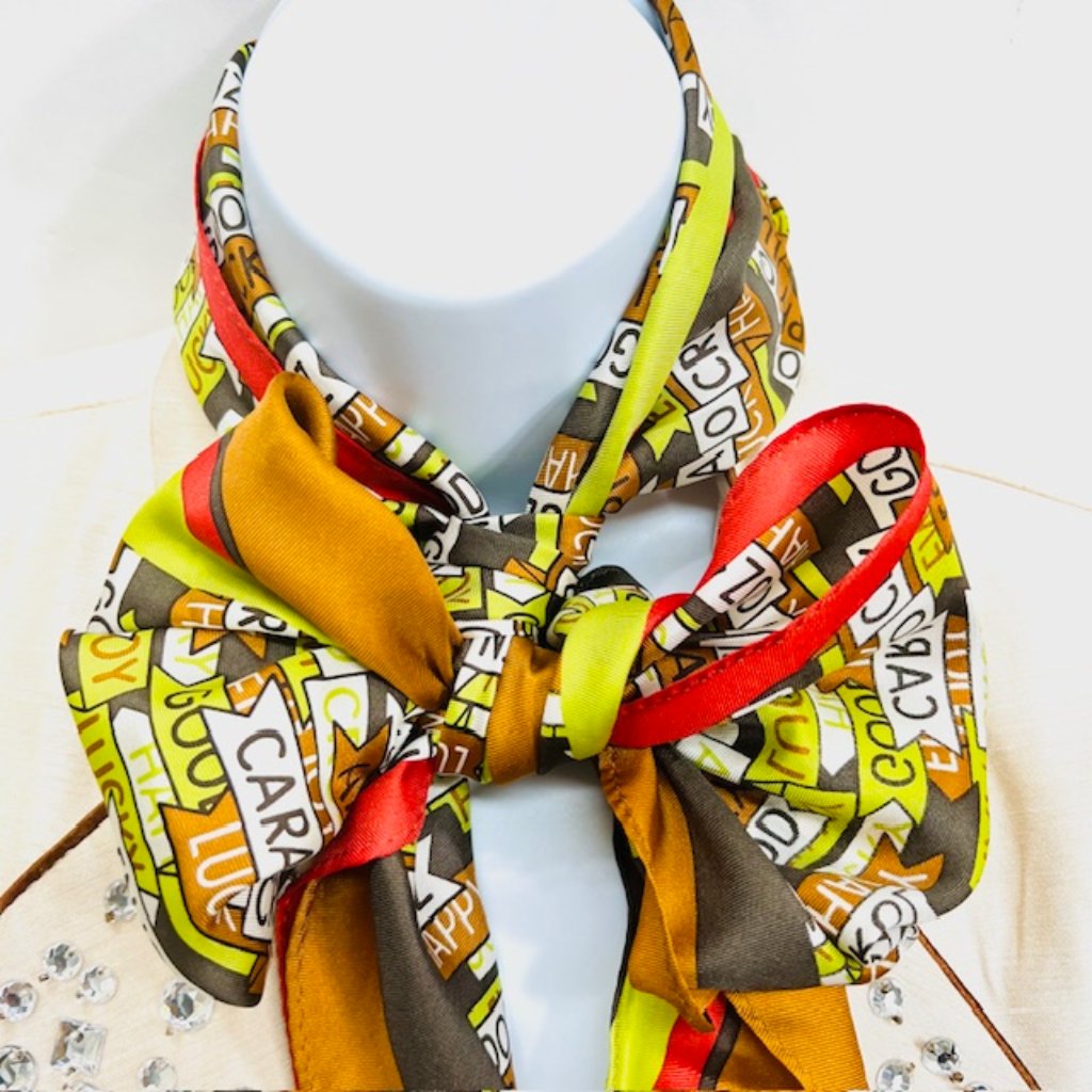 Vintage Cara Cruz 100% Silk Satin Scarf 70" X23" Flag Style Colorfull Logo (40)